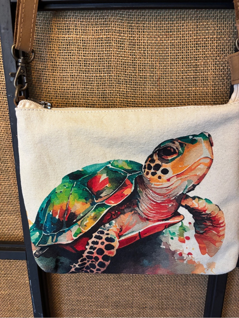 Cotton Curls canvas purse with painted sea turtle shoulder strap/cross body